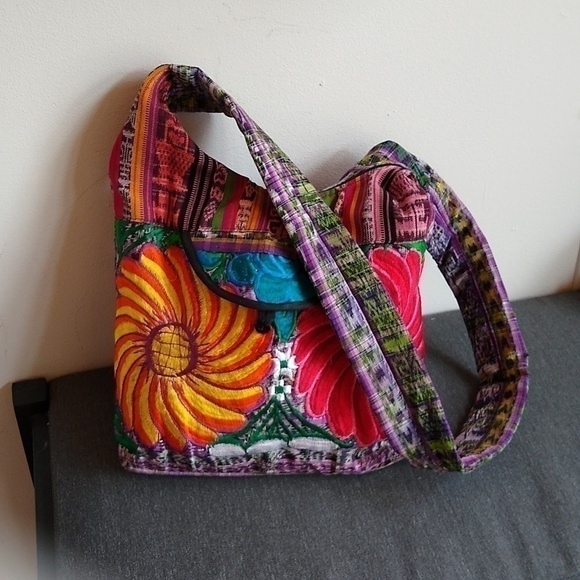 Large Rainbow Festival Hobo Bag Ikat Embroidered Flowers